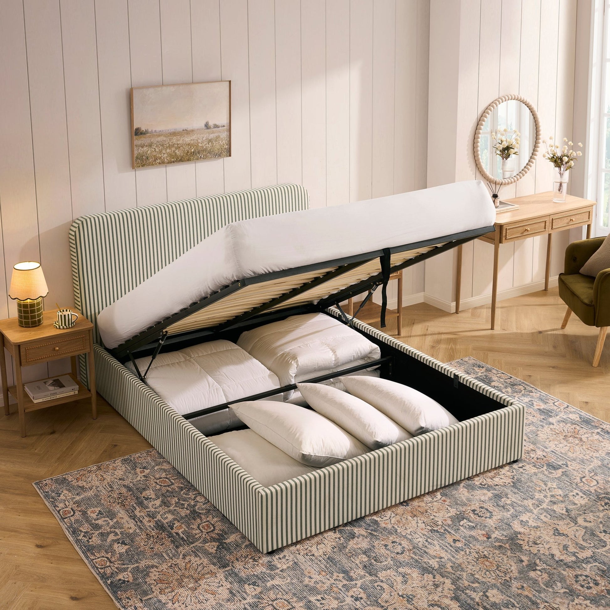 Ascot Ottoman Storage Bed - Sage Stripe - DUSK
