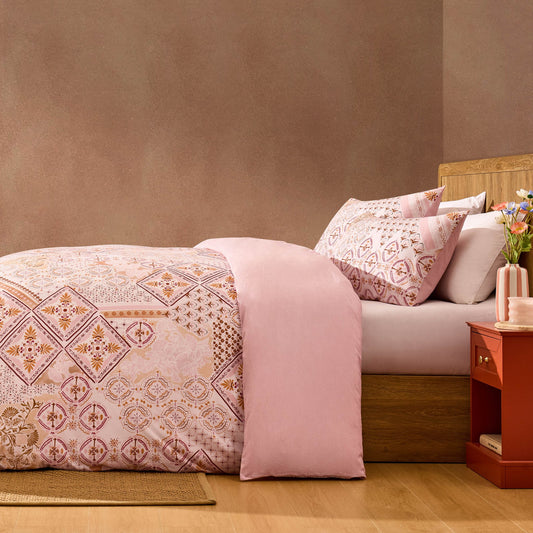 Aurora 100% Cotton Tile Print Duvet Cover & Pillowcase Set - Pink - DUSK