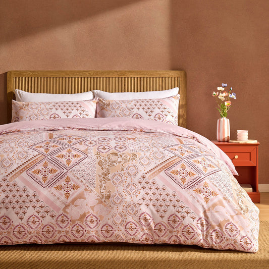 Aurora 100% Cotton Tile Print Duvet Cover & Pillowcase Set - Pink - DUSK
