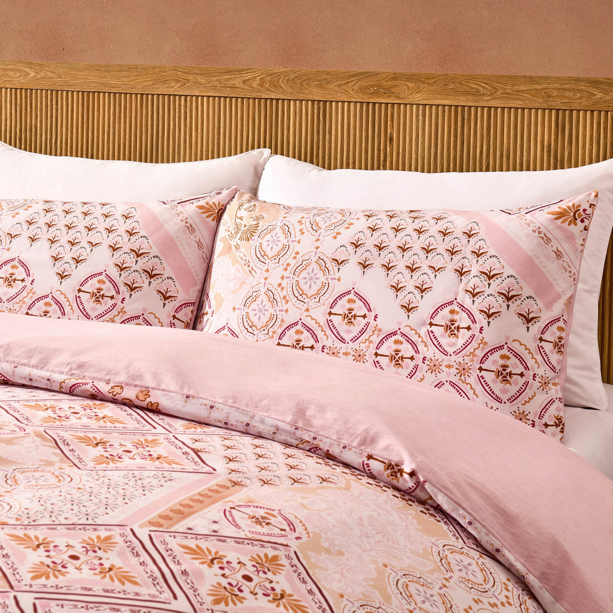 Aurora 100% Cotton Tile Print Duvet Cover & Pillowcase Set - Pink - DUSK