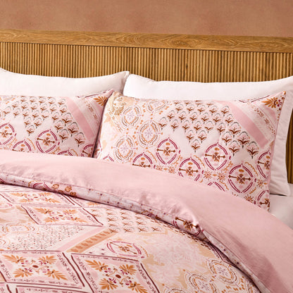 Aurora 100% Cotton Tile Print Duvet Cover & Pillowcase Set - Pink - DUSK