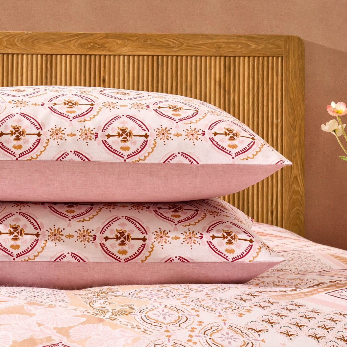 Aurora 100% Cotton Tile Print Duvet Cover & Pillowcase Set - Pink - DUSK