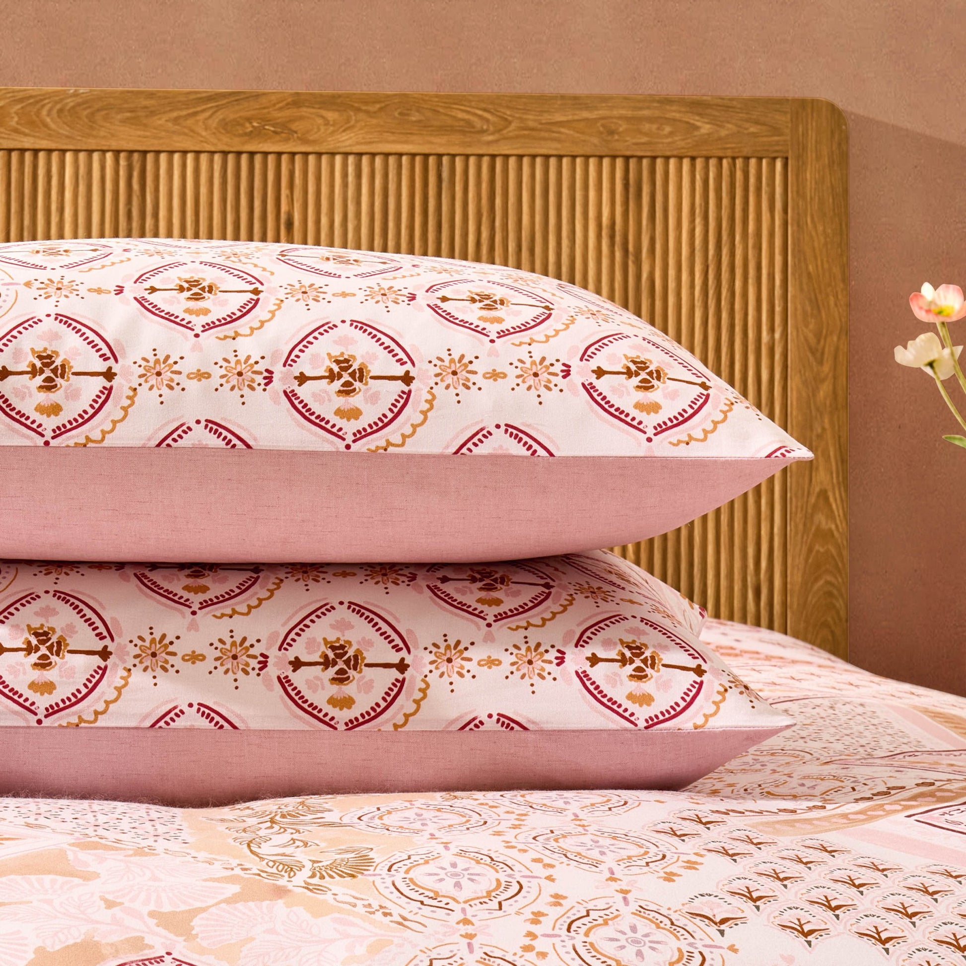 Aurora 100% Cotton Tile Print Duvet Cover & Pillowcase Set - Pink - DUSK