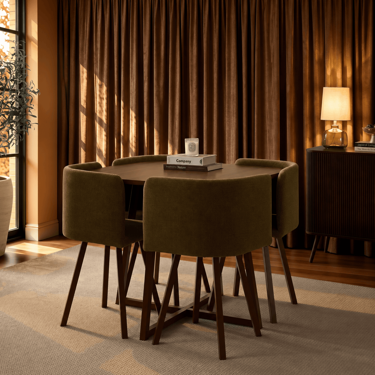 Ava Space Saver 4 Seater Dining Table and Chairs - Chenille Olive - DUSK
