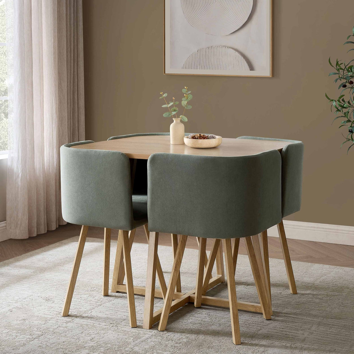 Ava Space Saver 4 Seater Dining Table and Chairs - Light Wood/Green - DUSK