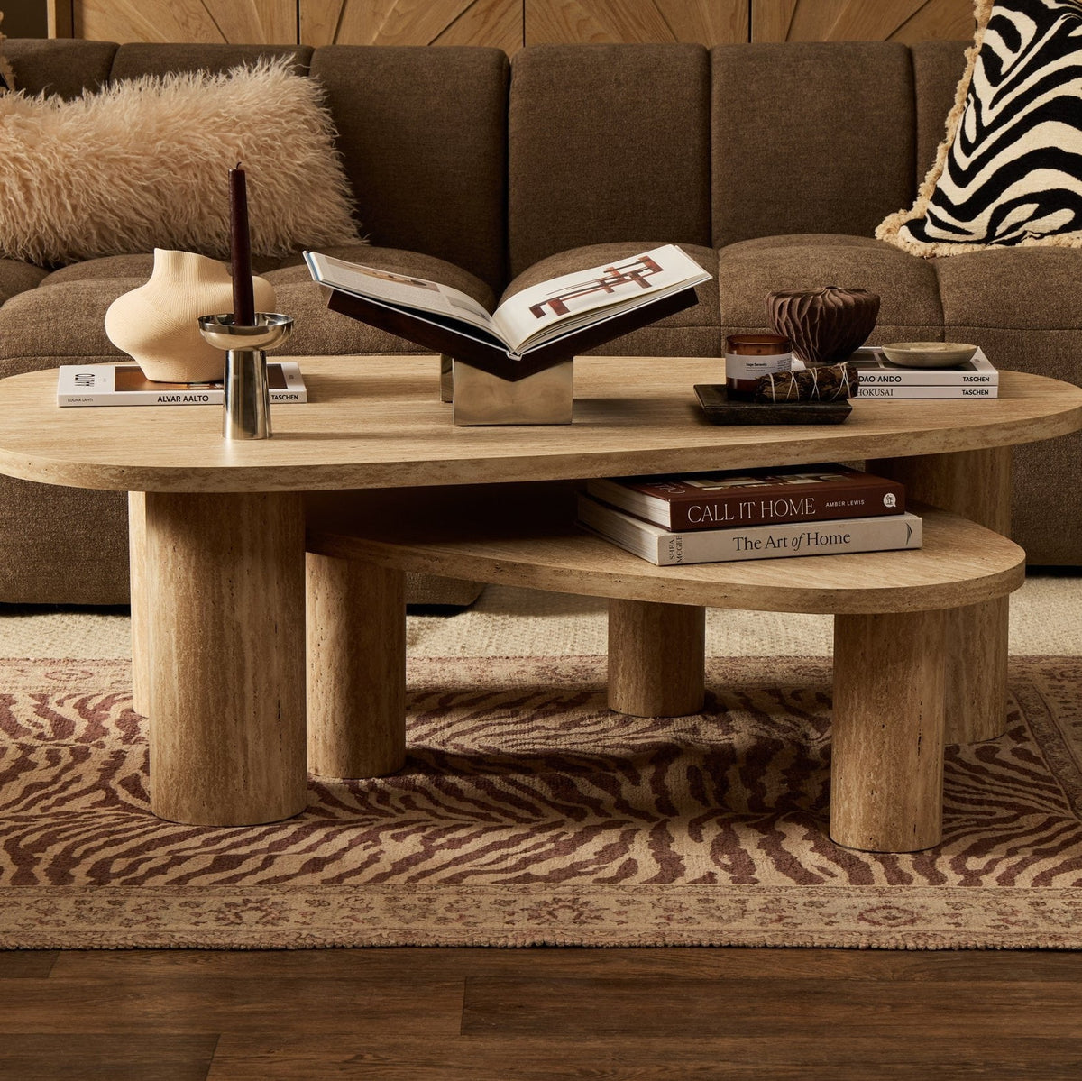 Azra Nesting Coffee Tables - Travertine Marble Effect - DUSK