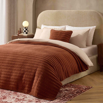 Bavaro Velvet Quilted Stitch Detail Bedspread - Burnt Orange - DUSK
