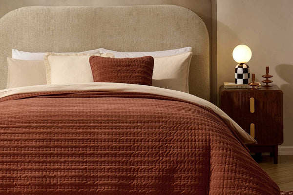 Bavaro Velvet Quilted Stitch Detail Bedspread - Burnt Orange - DUSK