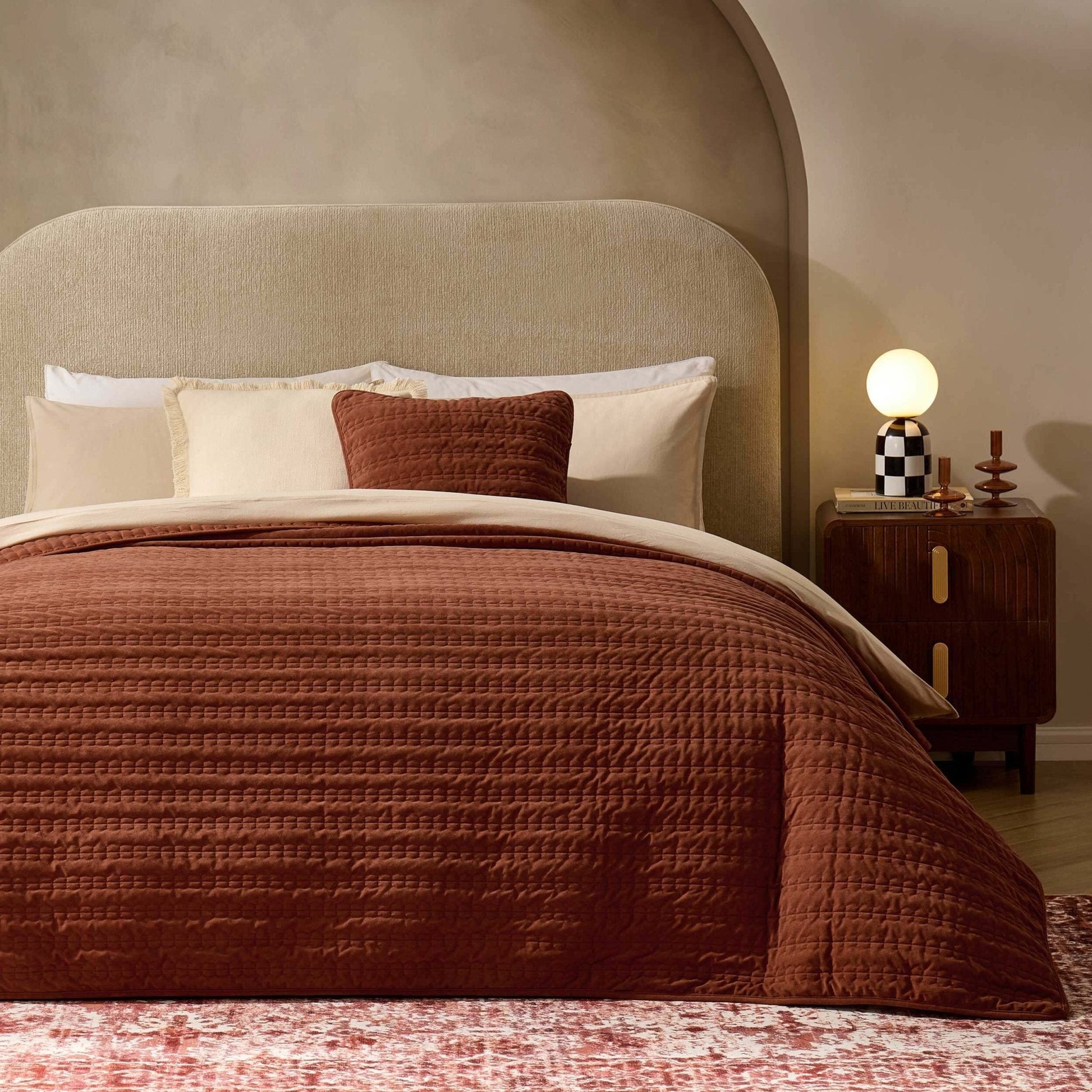 Bavaro Velvet Quilted Stitch Detail Bedspread - Burnt Orange - DUSK