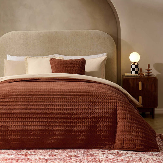 Bavaro Velvet Quilted Stitch Detail Bedspread - Burnt Orange - DUSK