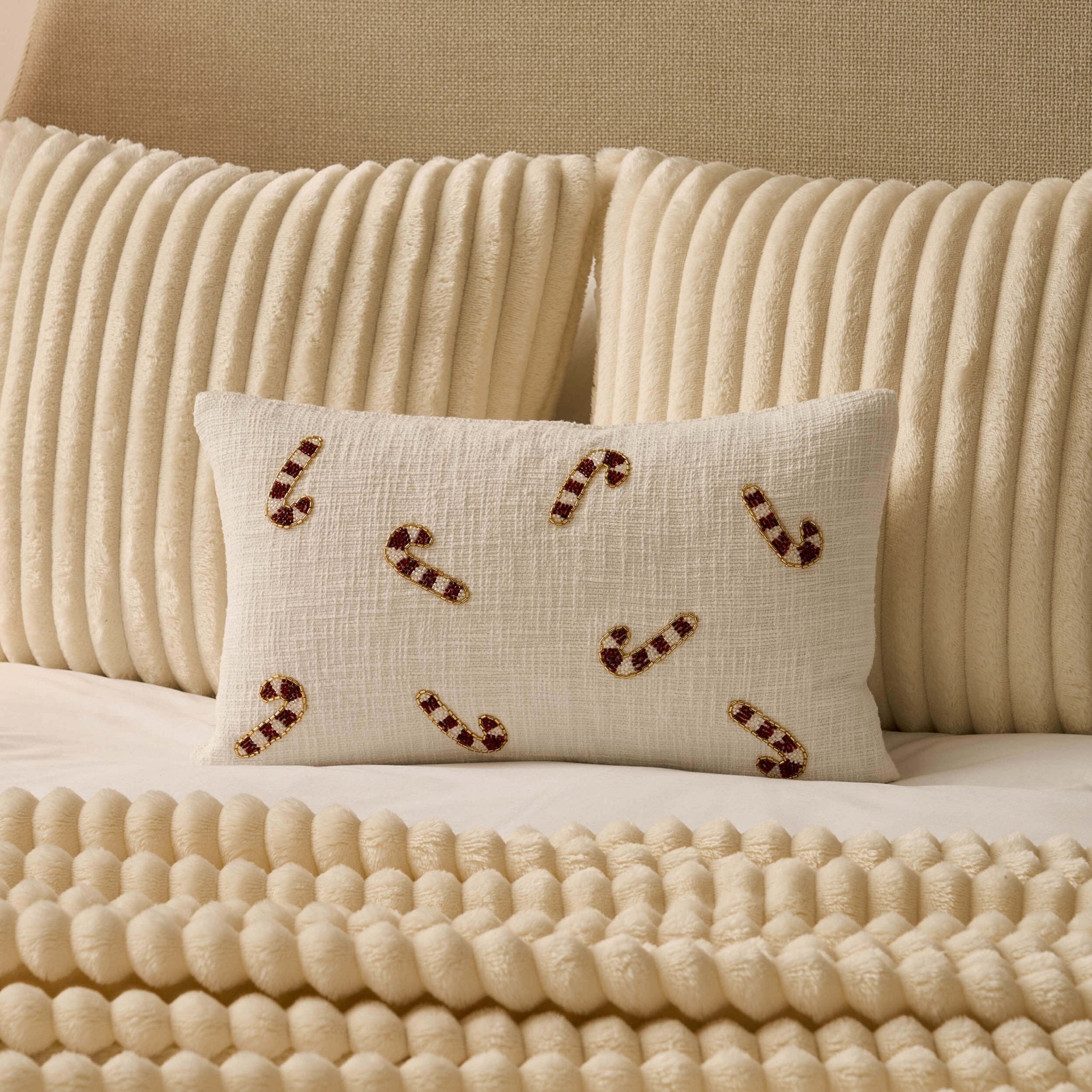 Beaded Candy Cane Christmas Cushion Cover - White - DUSK