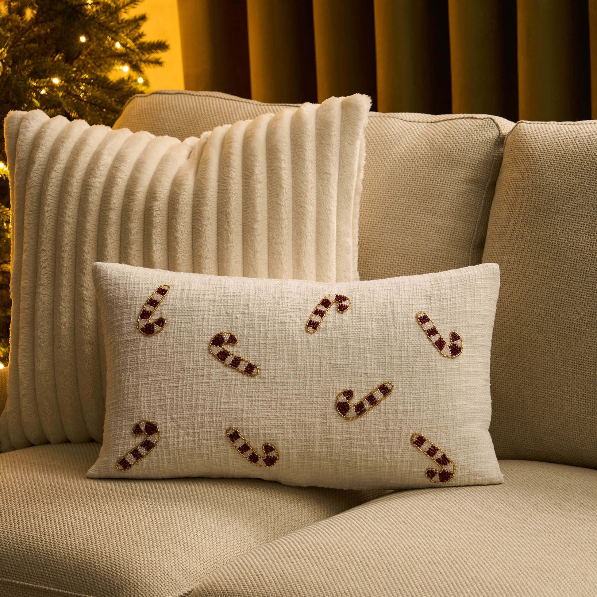 Beaded Candy Cane Christmas Sofa Cushion Cover - White - DUSK