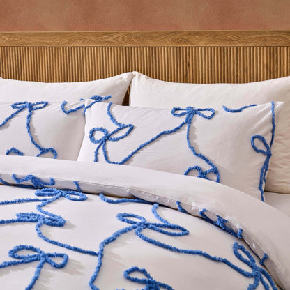 Bella 100% Cotton Tufted Bows Duvet Cover & Pillowcase Set - Light Cornflower - DUSK
