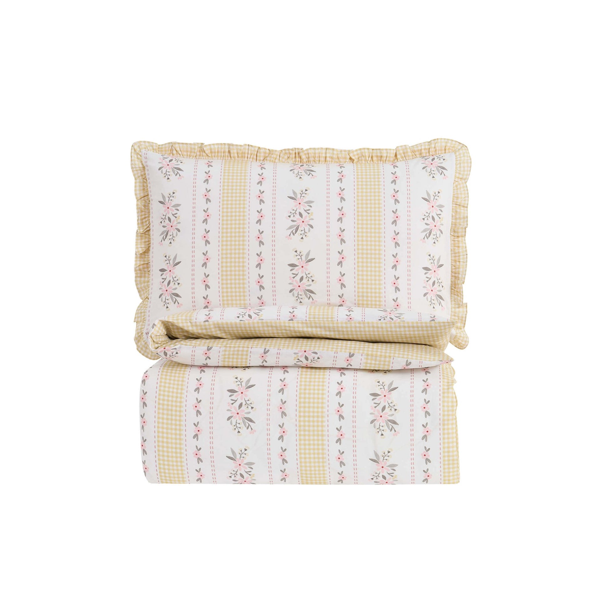 Bobbie 100% Cotton Floral Gingham Duvet Cover & Pillowcase set - Yellow - DUSK
