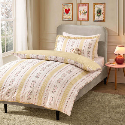 Bobbie 100% Cotton Floral Gingham Duvet Cover & Pillowcase set - Yellow - DUSK