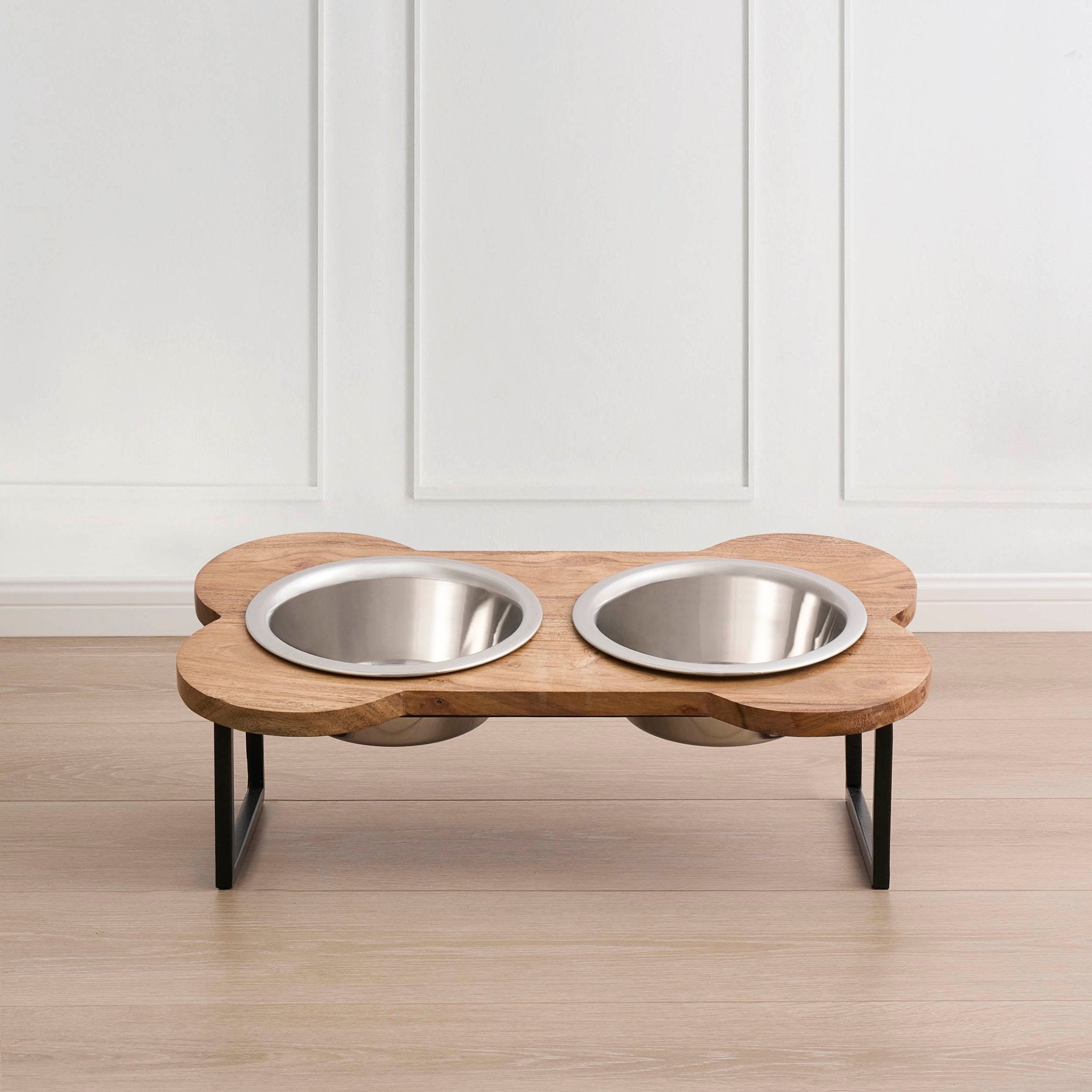 Bone Shape Wood Elevated Double Diner Dog Bowl - DUSK