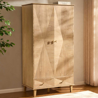 Brianna Concave 2 Door Wardrobe with Drawers - Light Wood - DUSK