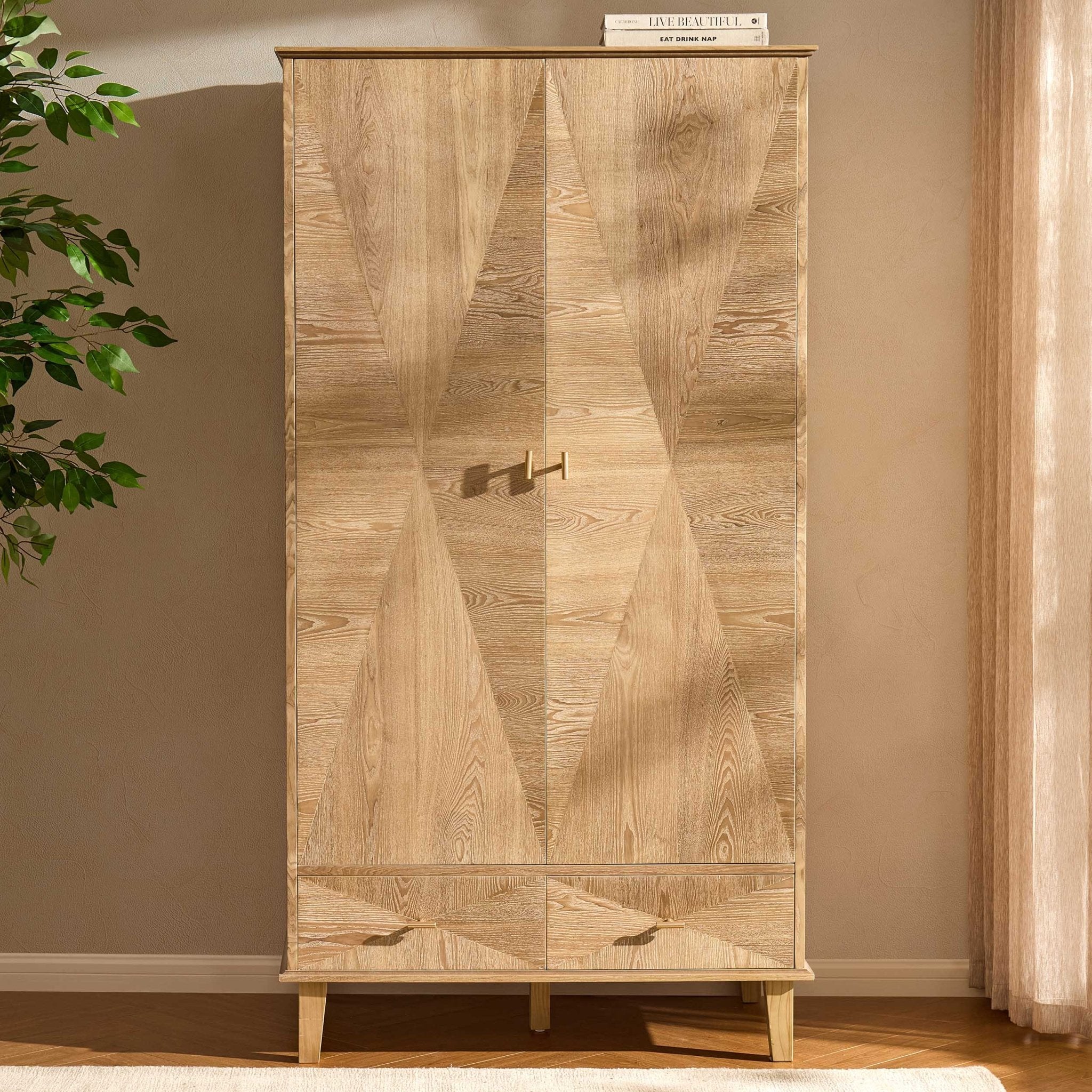 Brianna Concave 2 Door Wardrobe with Drawers - Light Wood - DUSK