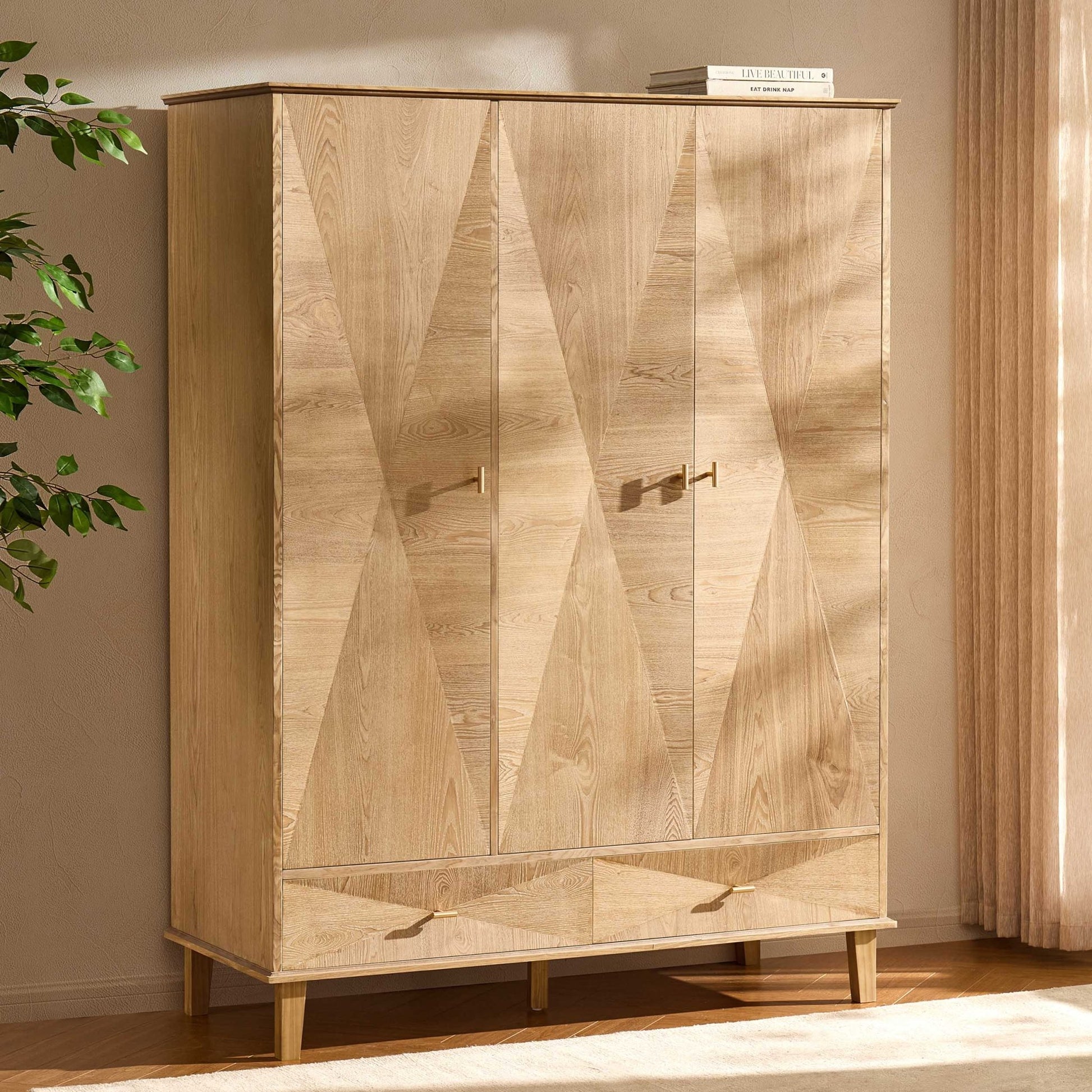 Brianna Concave 3 Door Wardrobe with Drawers - Light Wood - DUSK