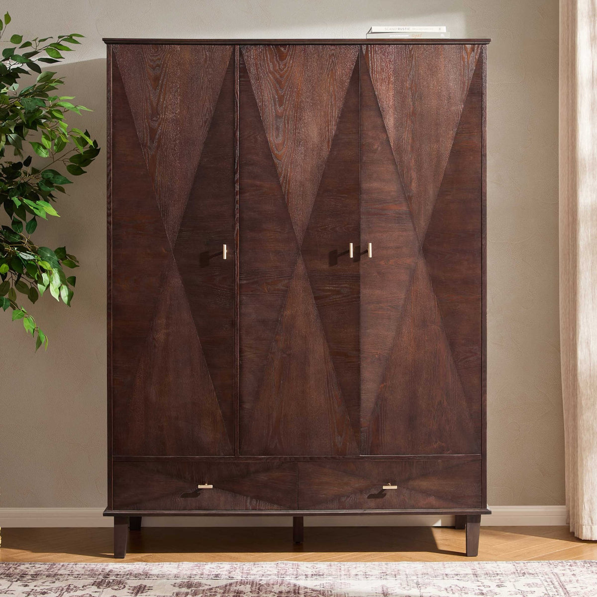 Brianna Concave 3 Door Wardrobe with Drawers - Walnut - DUSK