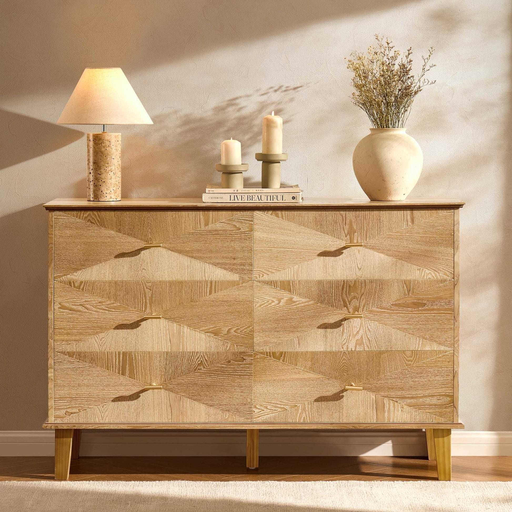 Brianna Concave 6 Drawer Chest - Light Wood - DUSK