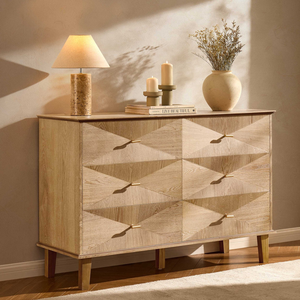 Brianna Concave 6 Drawer Chest - Light Wood - DUSK