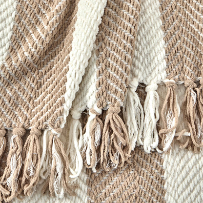 Chenille Stripe Tassel Herringbone Sofa Throw - Oatmeal/White - DUSK