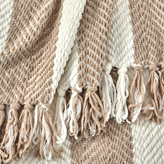 Chenille Stripe Tassel Herringbone Sofa Throw - Oatmeal/White - DUSK