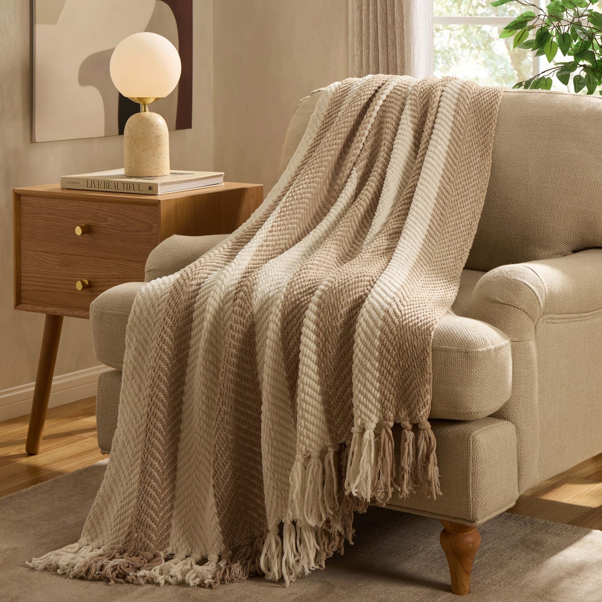 Chenille Stripe Tassel Herringbone Sofa Throw - Oatmeal/White - DUSK