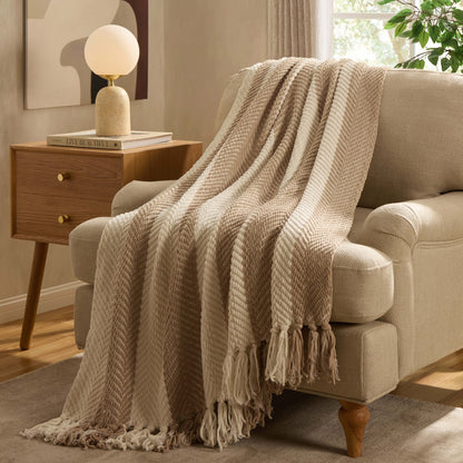 Chenille Stripe Tassel Herringbone Sofa Throw - Oatmeal/White - DUSK