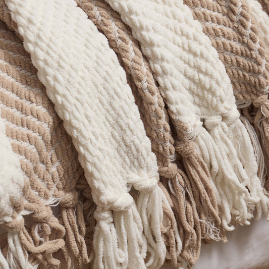 Chenille Stripe Tassel Herringbone Sofa Throw - Oatmeal/White - DUSK