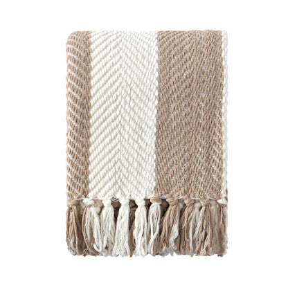 Chenille Stripe Tassel Herringbone Sofa Throw - Oatmeal/White - DUSK