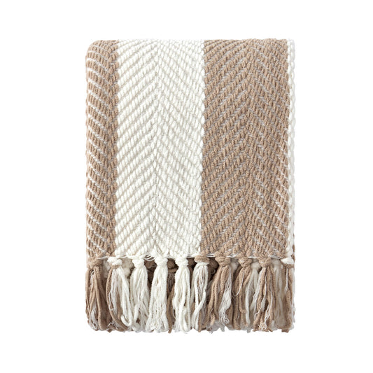 Chenille Stripe Tassel Herringbone Sofa Throw - Oatmeal/White - DUSK