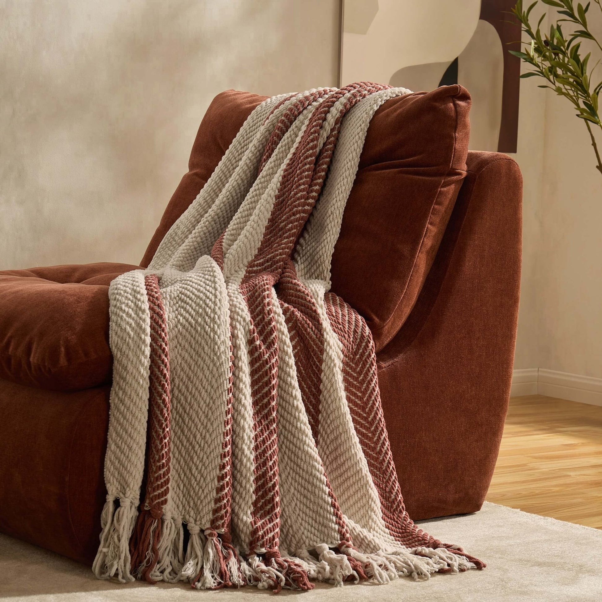 Chenille Stripe Tassel Herringbone Sofa Throw - Rust/Cream - DUSK