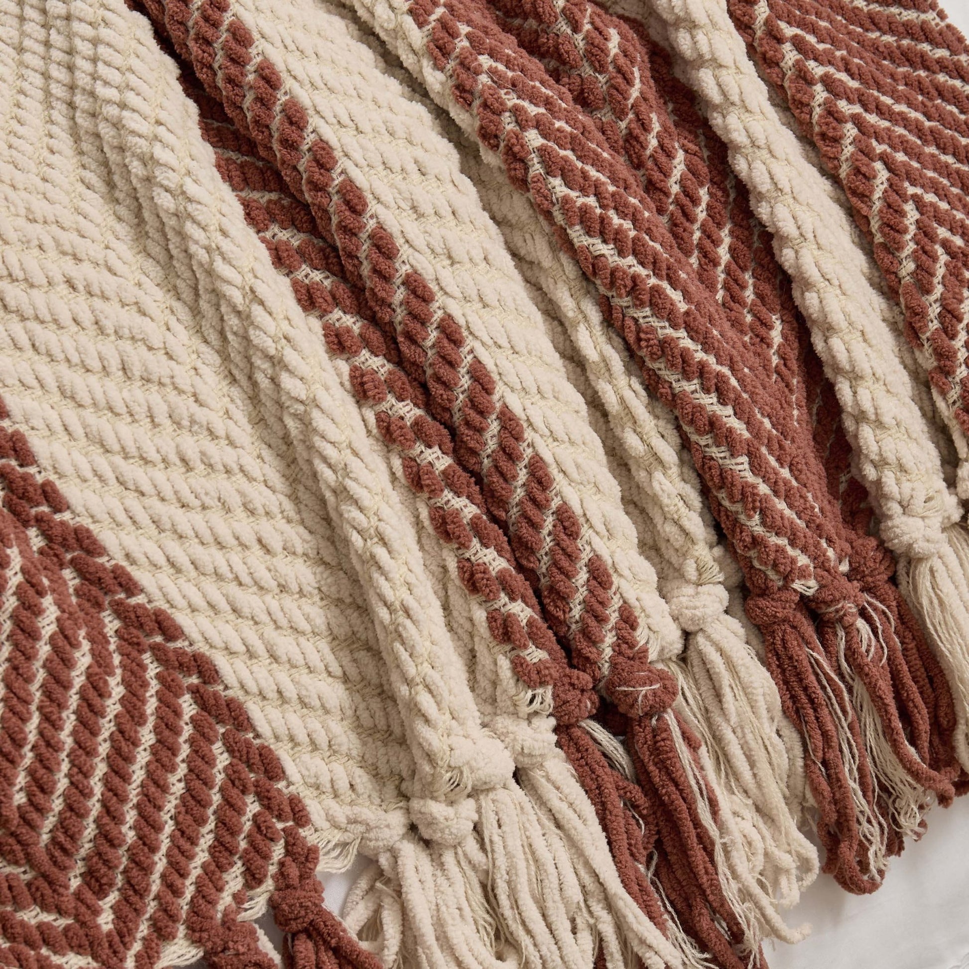 Chenille Stripe Tassel Herringbone Sofa Throw - Rust/Cream - DUSK