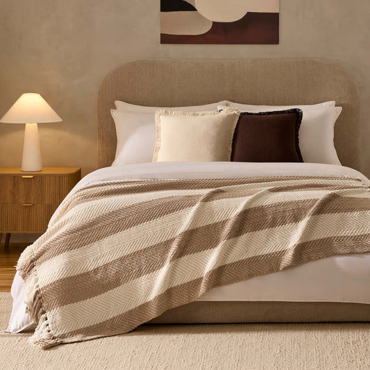 Chenille Stripe Tassel Herringbone Throw - Oatmeal/White - DUSK