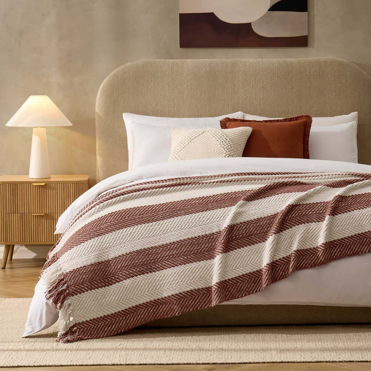 Chenille Stripe Tassel Herringbone Throw - Rust/Cream - DUSK