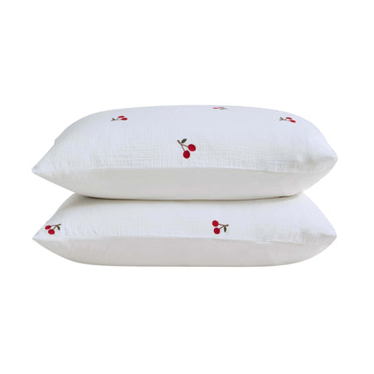 Cherry Embroidery 100% Cotton Muslin Duvet Cover & Pillowcase Set - White - DUSK