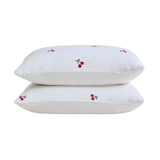 Cherry Embroidery 100% Cotton Muslin Duvet Cover & Pillowcase Set - White - DUSK