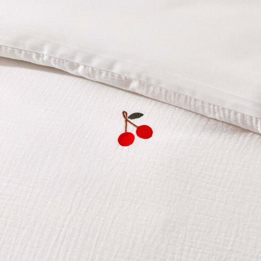 Cherry Embroidery 100% Cotton Muslin Duvet Cover & Pillowcase Set - White - DUSK