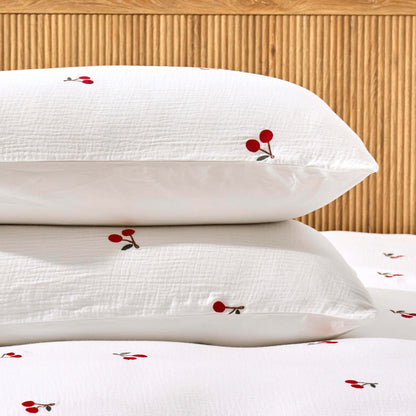 Cherry Embroidery 100% Cotton Muslin Duvet Cover & Pillowcase Set - White - DUSK