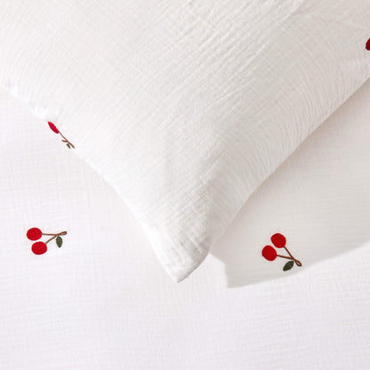 Cherry Embroidery 100% Cotton Muslin Duvet Cover & Pillowcase Set - White - DUSK