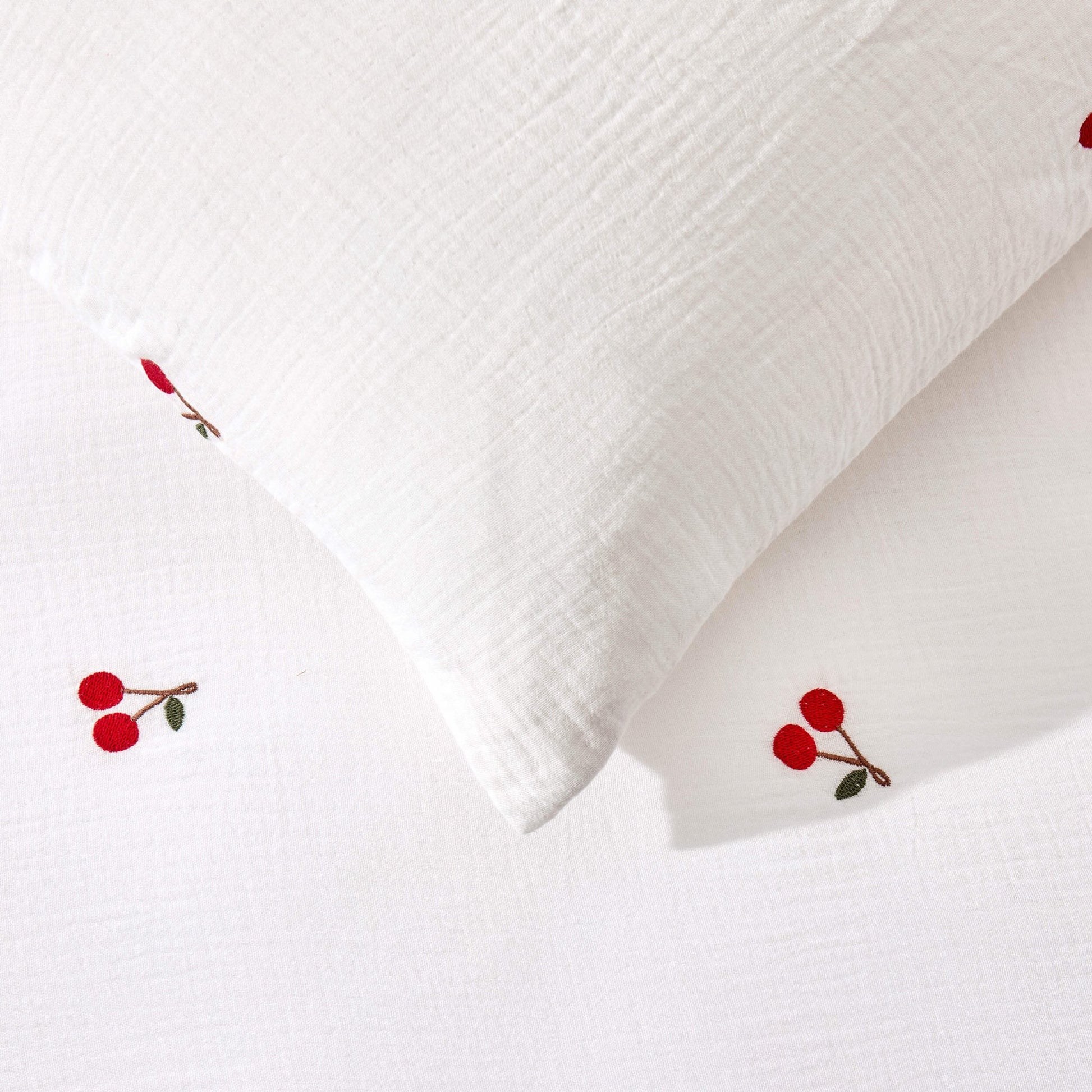 Cherry Embroidery 100% Cotton Muslin Duvet Cover & Pillowcase Set - White - DUSK