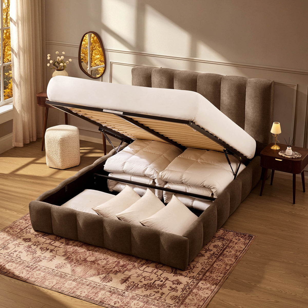 Cheshire Ottoman Storage Bed - Chenille Mushroom - DUSK
