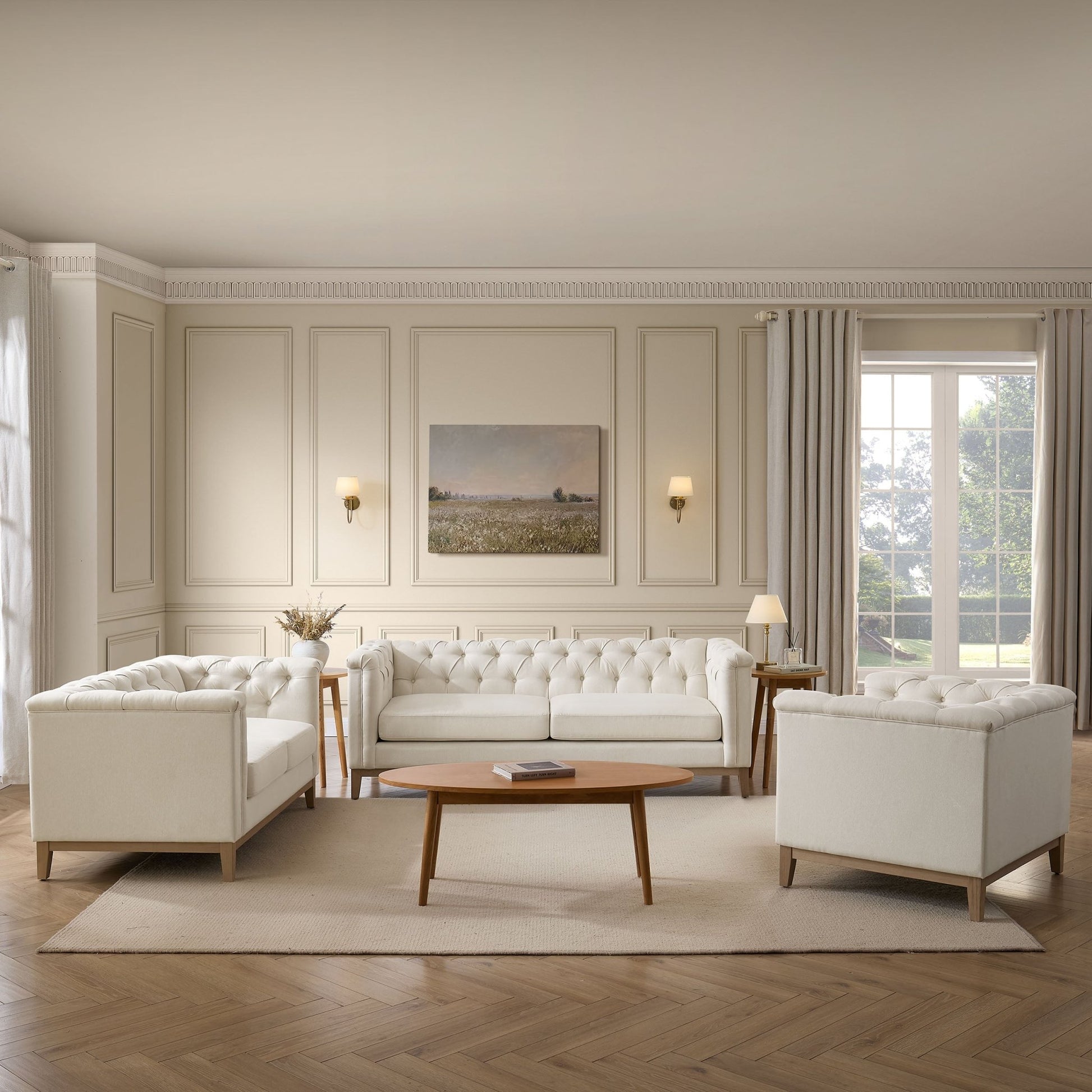 Chesterfield 3 Seater Sofa - Cream Linen - DUSK