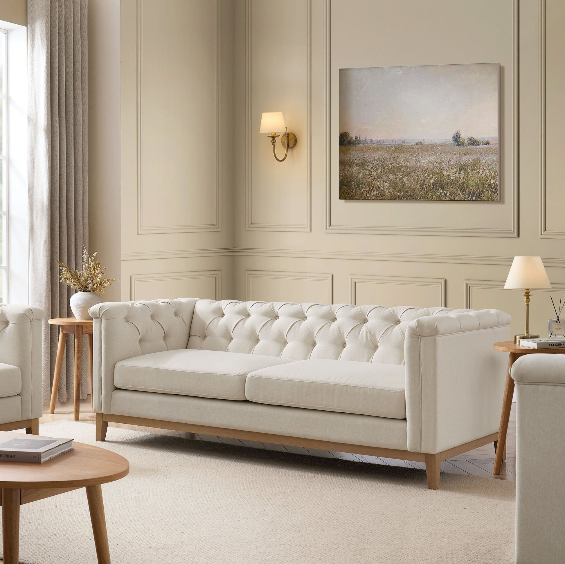 Chesterfield 3 Seater Sofa - Cream Linen - DUSK