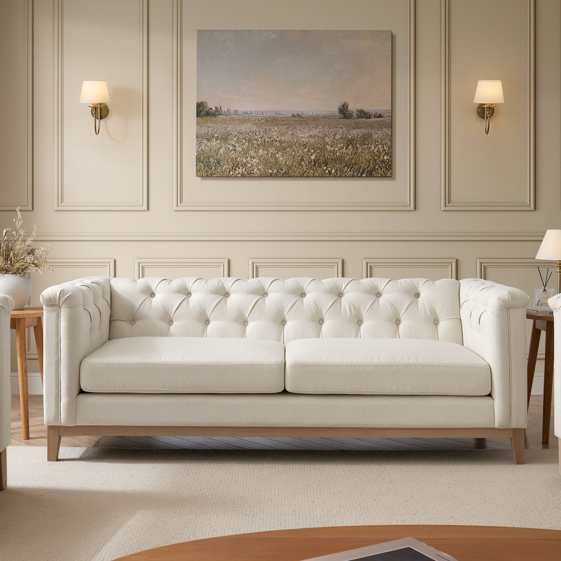 Chesterfield 3 Seater Sofa - Cream Linen - DUSK