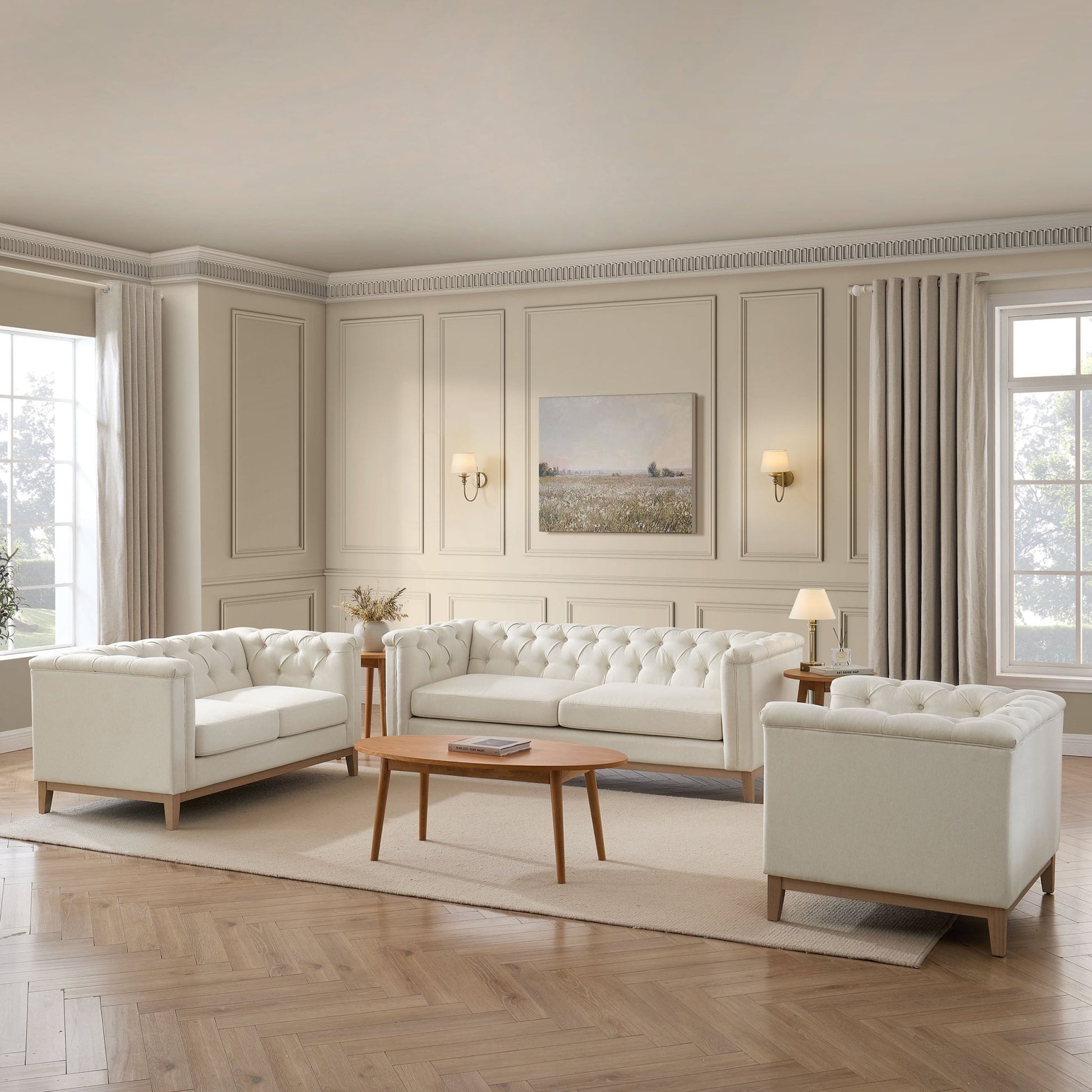 Chesterfield 3 Seater Sofa - Cream Linen - DUSK