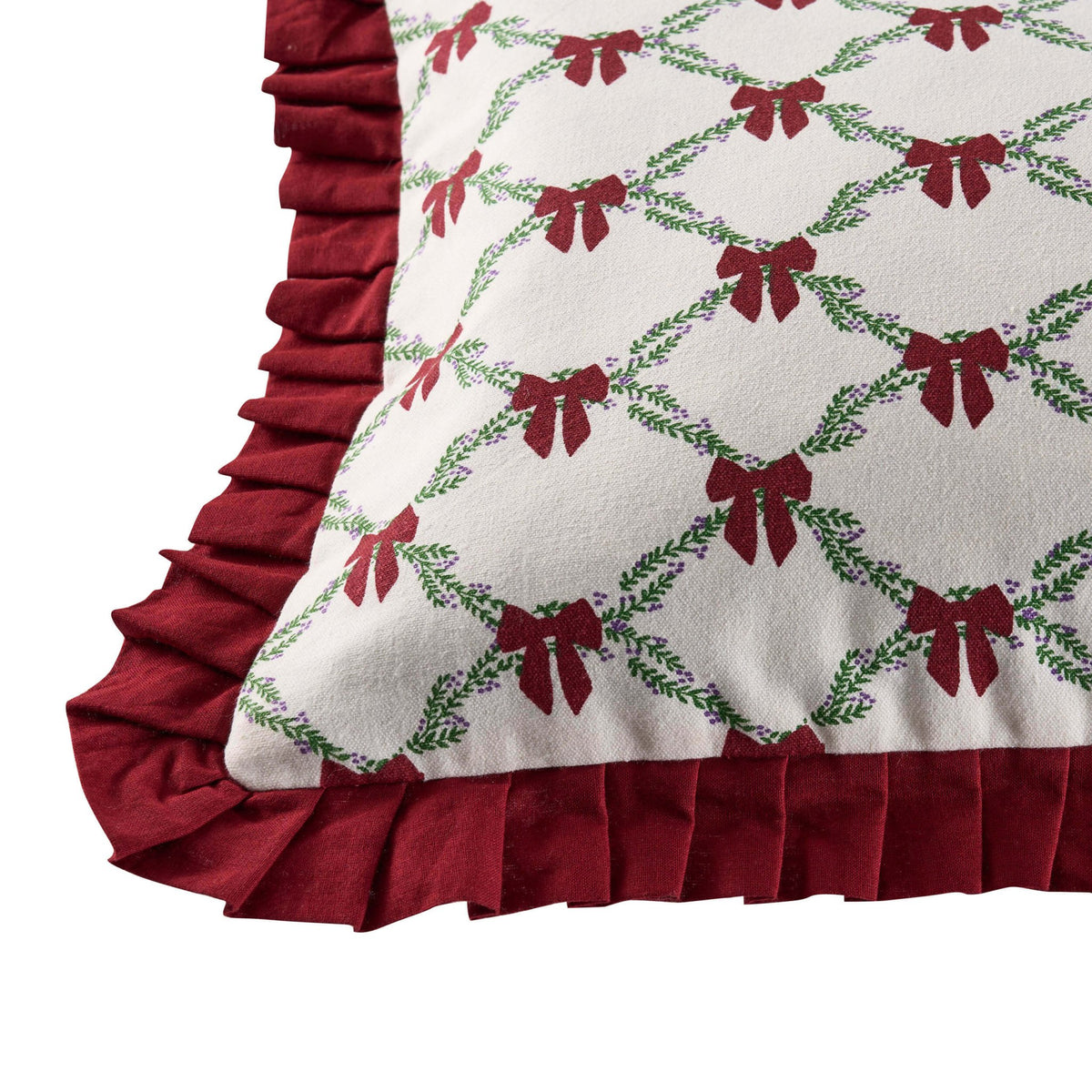 Christmas Bow Frill Edge 100% Cotton Cushion Cover - Burgundy - DUSK