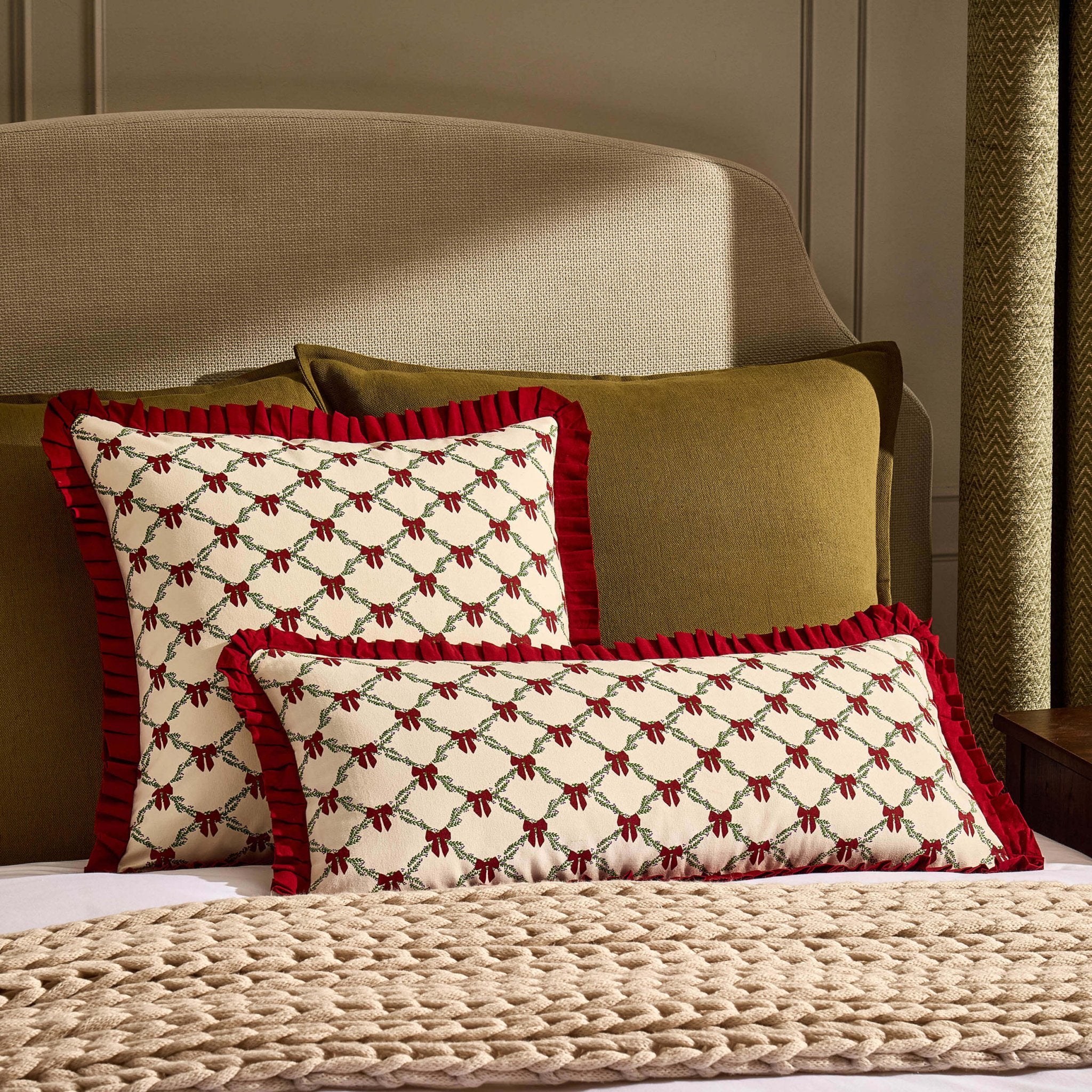 Christmas Bow Frill Edge 100% Cotton Cushion Cover - Burgundy - DUSK